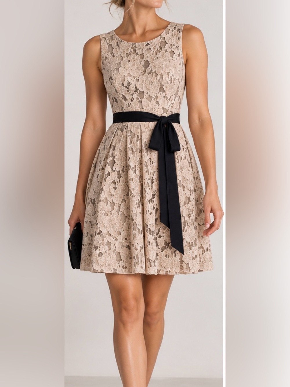 Anthropologie Tracie Reese Beige Lace Fit-and-Flare Dress with Black Sash